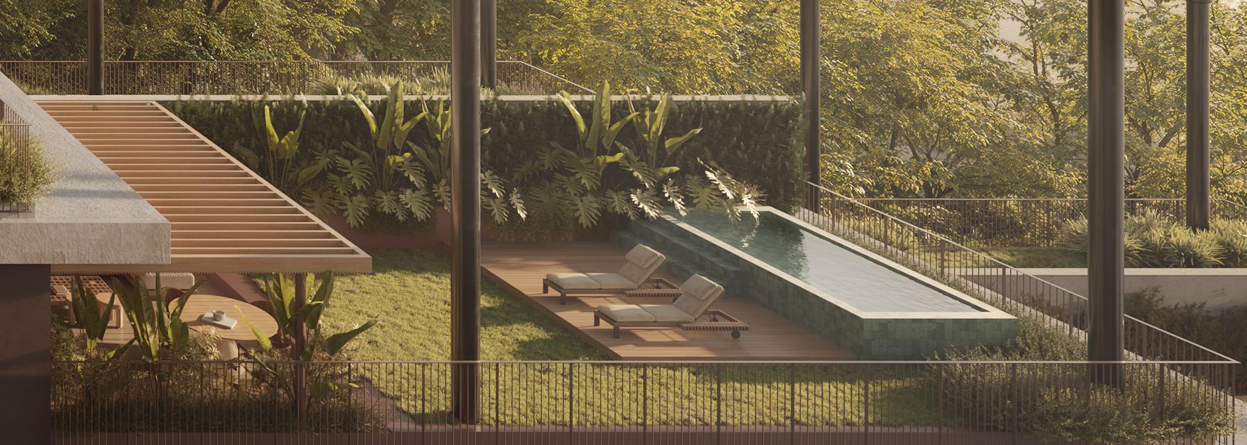 Detalhe de um pátio suspenso com pergolado, gramado, espreguiçadeiras e piscina longa entre as árvores