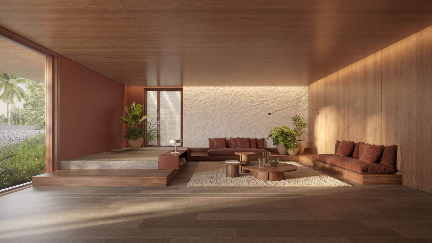 Hall de entrada com piso de pedra, paredes e teto em madeira e sofás baixos