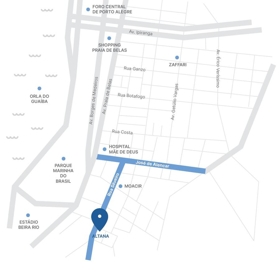 Mapa da região: o Altana na Rua Silveiro, próximo à Avenida José de Alencar, ao Hospital Mãe de Deus, ao Parque Marinha do Brasil e à orla do Guaíba
