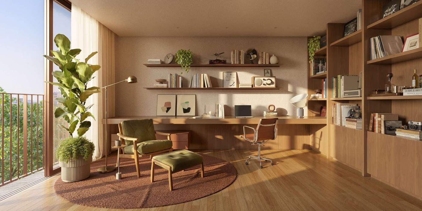 Home office com estantes, poltrona verde e janela para a copa das árvores
