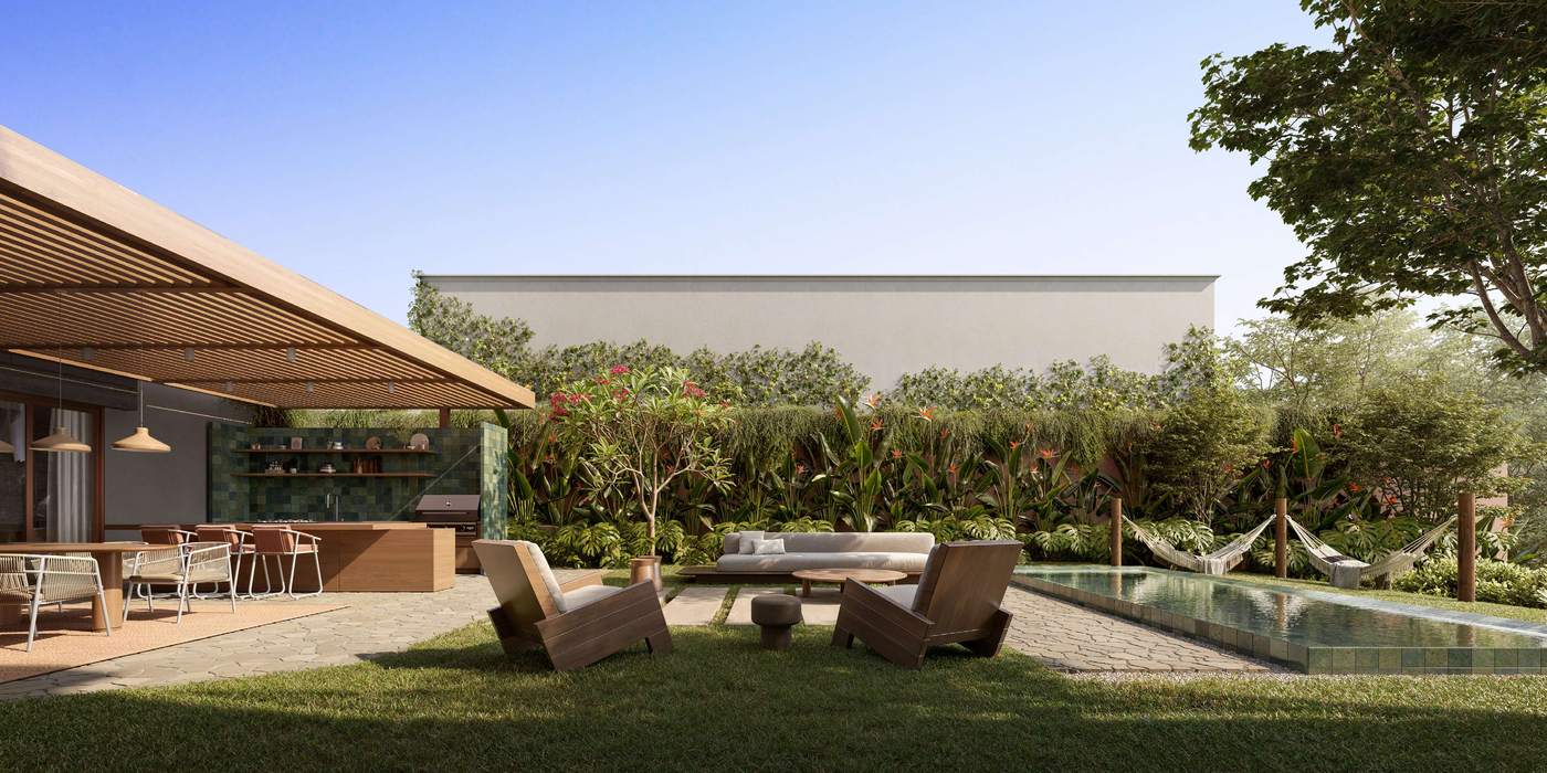 Jardim com piscina longa, redes, poltronas e cozinha externa sob pergolado
