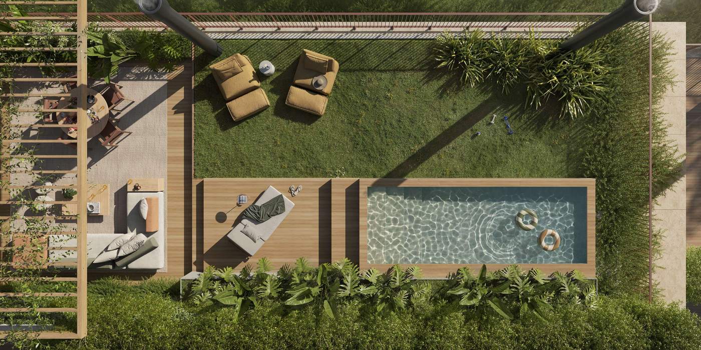 Pátio visto de cima, com gramado, deck de madeira, piscina e pergolado
