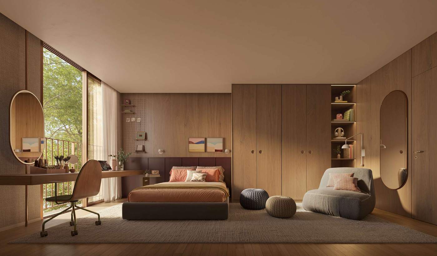 Quarto amplo com escrivaninha junto à janela, armários de madeira e poltrona